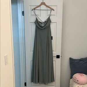 Elegant Cowl Neck Sage Spaghetti Strap Dress